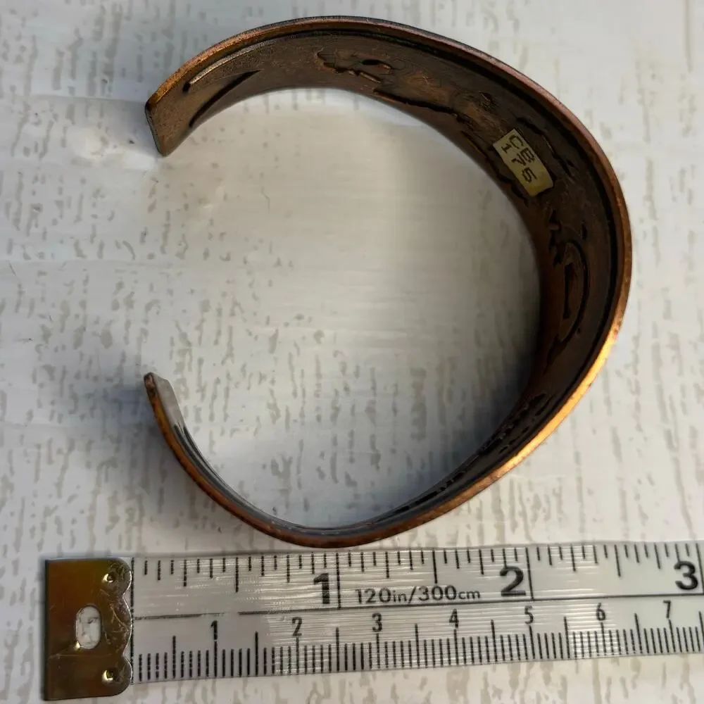 Copper Cuff Bracelet with Etched Buffalo Dancer and Rainbow Yei Design
